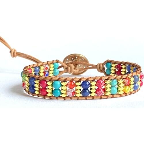 Unique Mix Natural Stone Beads Multicolor Bracelet Seed Beads Leather Wrap Bracelet For Women Woven Handmade Friendship Jewelry