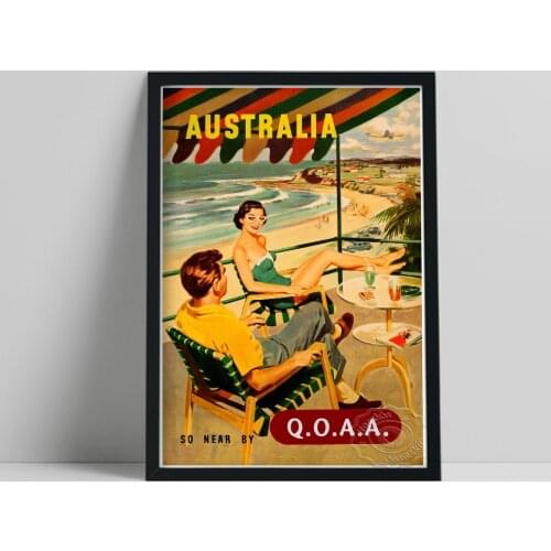 Vintage Australia Travel Art Prints, 1950s Visit Australia Printed Poster, Nostalgic Figure Beach Painting Home Wall Decor Gift