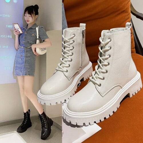 2021 Combat Boots Women White PU Leather Motorcycle Boots Punk Gothic Shoes Fashion Lace Up Black Ankle Boots Female Shoes