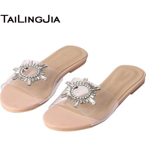 Women Crystal Clear PVC Flat Summer Sandals 2020 Ladies Open toe PU Leather Slippers Casual Shoes Large Size Flats Slides Shoe