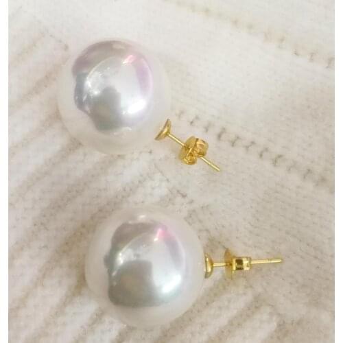 Woman Jewelry 14mm white round ball beads Natural South Sea Shell Pearl gold Stud Earrings