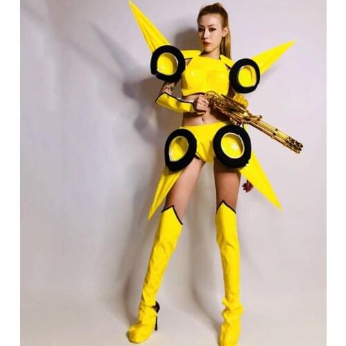 Nightclub Bar Dj Ds Stage Costumes Women Cosplay Party Clothes Sexy Yellow Female Warrior Suit Rave Performance Wear DN6358-1
