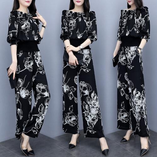 Casual Suit Womens 2021 Spring Summer New Blouses Foreign Style One Shoulder Crop Top Wide Leg Flare Pant Fashion Two Piece Set
