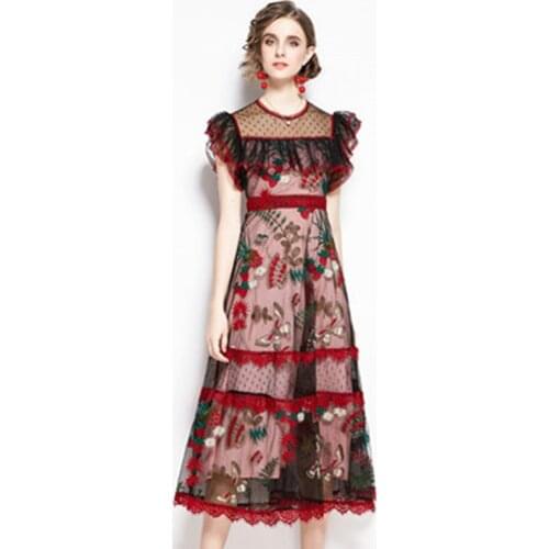 Fashion Women O Neck Ruffles Short-Sleeved Dresses Temperament Patchwork Embroidery Flower Big Swing Retro Mesh Long Dress