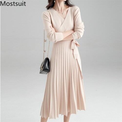 2020 Autumn Korean Fashion Knitted Long Dress Women Long Sleeve V-neck Belted Pleated Dresses Elegant Solid Female Vestidos