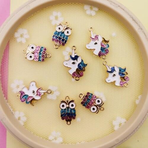 10pcs Cute Alloy Glitter Enamel Animal Charms Gold Tone Owl Unicorn Charms Connectors Fit DIY Earring Bracelet Jewelry Accessory