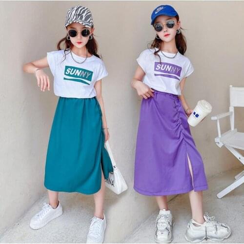 2021 Korea style girls 2 pcs set t-shirt+skirt fashion summer girls suit 5-10t B300