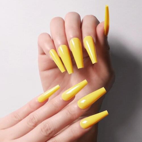 24pcs Classic Fashion New Long Candy Color Ballet Coffin Fake Nails Lemon yellow 14-2240
