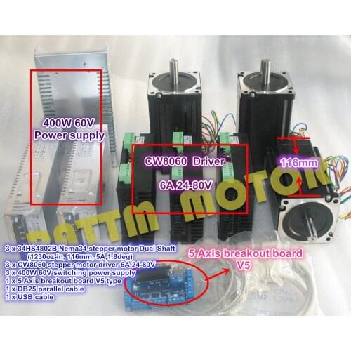 3 Axis CNC controller Kit 3x NEMA34 stepper motor 1230oz-in 8.5N.m 116mm 5A Dual shaft & Driver 6A 80V & 400W 60V power supply