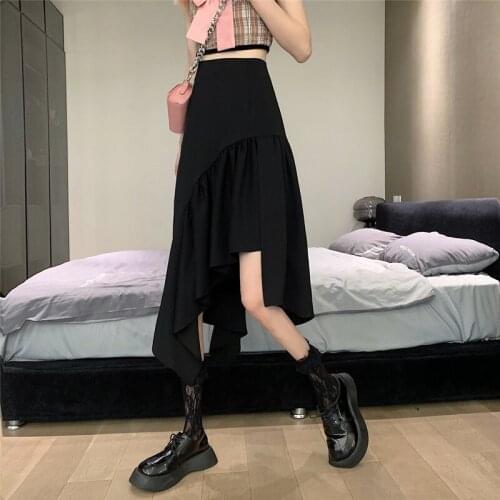 Skirts Irregular Black A-line Skirt Womens Summer New Style Skirt High-waisted Thin Temperament Mid-length Skirt