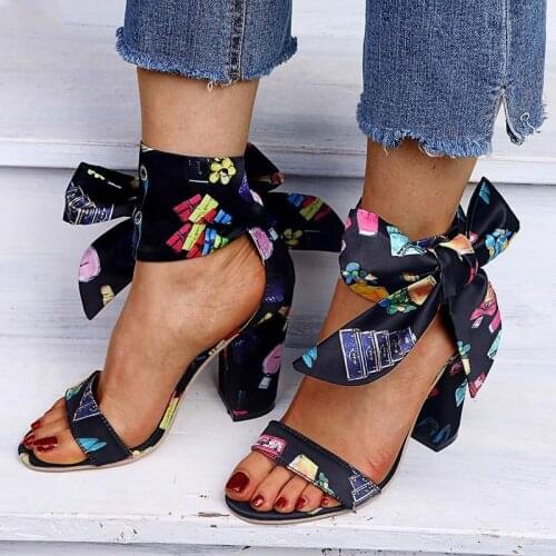 Gb6 Flock High Heel Summer Style Ribbon Sandals Vintage Black Fashion Ankle Strap Pumps Bow-knot Casual Shoes Woman Shoes
