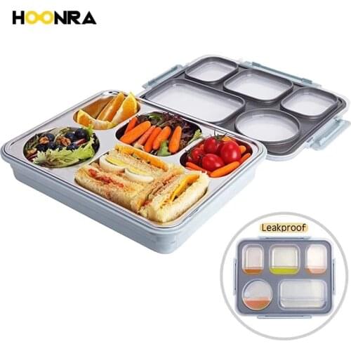 HOONRA Stainless Steel Lunch Box Container For Kids 5 Compartments Food Container With Thermal Bento Box leakproof Drinkware