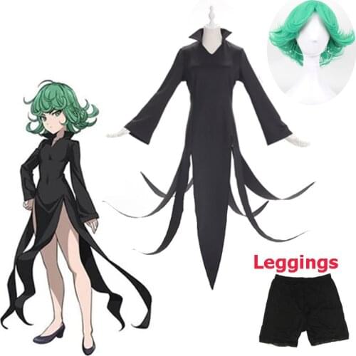 One Punch Man Senritsu No Tatsumaki Terrible Tornado Cosplay Costume Black Dress Women Girl Outfit / Curly Green Short Wig