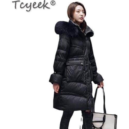 Tcyeek Real Raccoon Fur Collar Jackets Women Hooded Warm Down Coats Famale New Long Black Korean Parka Femme Abrigo Mujer SQQ484