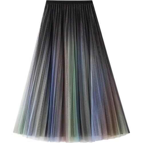 Patchwork Gradient Summer Tulle Skirt Women High Waist Maxi Pleated Skirts Female Casual Rainbow Color Party Long Mesh Skirt