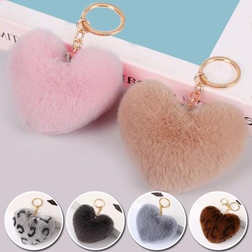 Cute Plush Heart Key Chain Fashion Solid Color and Leopard Pattern Keychain Women Bag Hanging Pendant Decorative Accessories