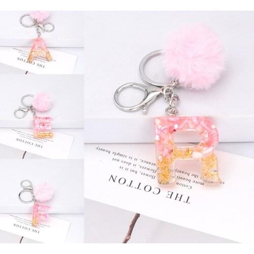 Fashion Pink English Letter Key Chain With Pompom A-Z Initials Keychain Women Handbag Hanging Pendant Keyring Accessories