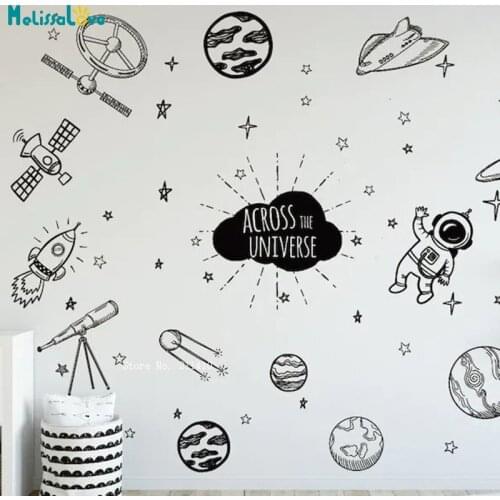 Outer Space Decal Rocket With Stars Wall Art Vinyl Stickers Nursery Kids Room Decor Boys Girls Peel Off Murals YT6318