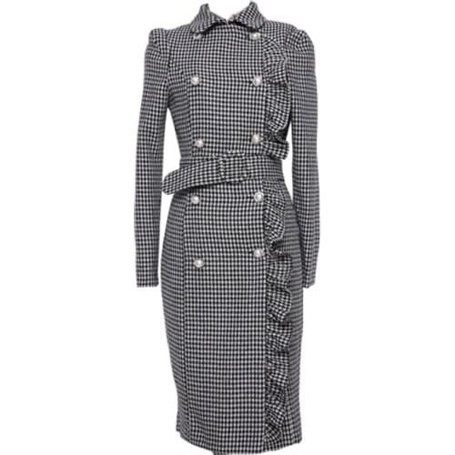 2021 New Women Spring Dress Korean OL Temperament Slim Houndstooth Double Breasted Ruffle Dress Autumn Plaid Dresses Women Z429