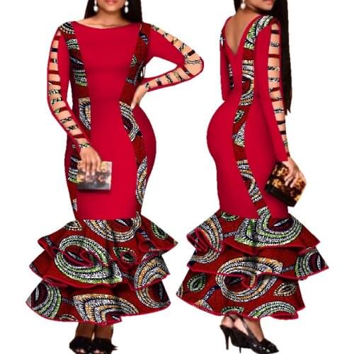 African Dresses for Women Hollow Bandage Sleeve Long Mermaid Dress Women Plus Size Sexy Backless Dress for Wedding Party WY426