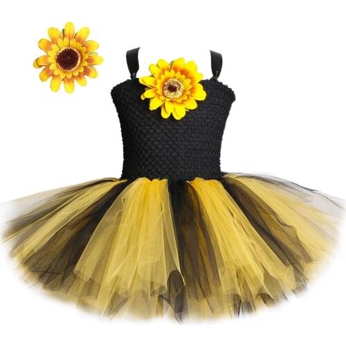 SunFlower Flower Girls Tutu Dress Black Yellow Tulle Baby Girls Birthday Party Dress Children Halloween Costume for Kids Girls