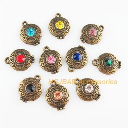 10 New Round Flat Charms Antiqued Bronze Plated Flower Mixed Crystal Pendants 14x18.5mm