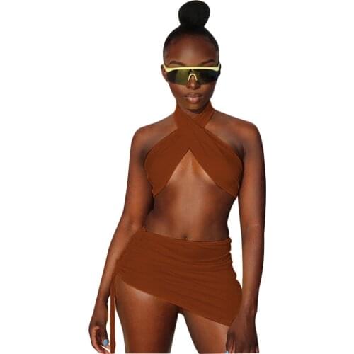 XLLAIS White Cotton Soft Two Piece Sets Women Sexy Halter Neck Tank Tops Tight Ruched Cute String Mini Skirts Matching Outfits