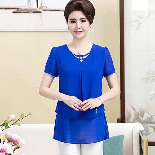2020 New Summer Middle Aaged Women Fashion Elegant O-Neck Blouse Tops Female Short Sleeve Slim Chiffon Plus Size 4xl Shirt W26