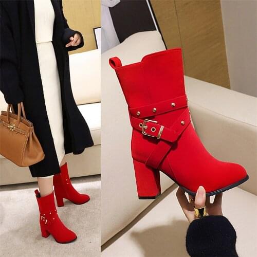Fashion Women Ankle Boots Flock Thick Heels Shoes Female Pointed Toe rivet Ladies Shoe Brand 2020 New Woman Zip Boots Red Black