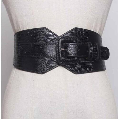 SeeBeautiful New Fashion 2020 Summer Autumn Irregular Snake Pattern PU Stitching Elatic Cloth Wide Girdle Waist Belts Women N409