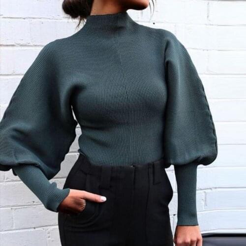 Autumn Winter Womens Sweater Fashion Solid Color Turtle Neck Long Puff Sleeve Knitted Pullover Sweater