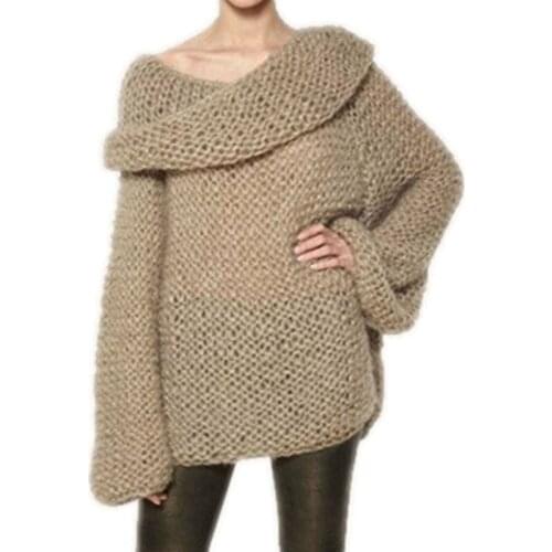 2019 Spring Autumn Women Off Shoulder Coarse Line Knitted Sweater Female Casual Loose Long Sleeve Hollow Out Pullover Women