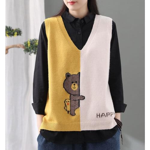 Women Sweaters Vest Female Print V-neck All-match Knitting Retro Jumper Ladies Comfortable Popular New Sleeveless Tank Tops Q48