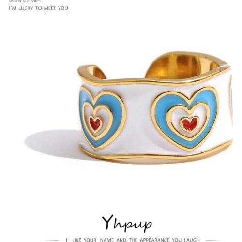 Yhpup Romantic Enamel Heart Rings Charm Metalic Copper Opening Finger Rings for Women кольцо женское Jewelry Girls Gift 2021