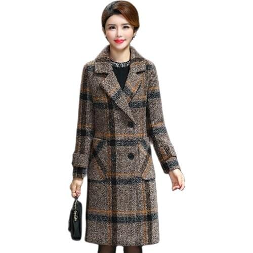 Women Woolen Overcoat Mid-Length 2020 New Pattern Mothers Plaid Coat Plus Size Wool Knee Length Coat L to 5XL V-neck