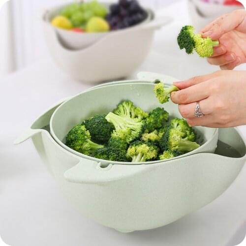 2-in-1 Multifunction Kitchen Colander/Strainer Bowl Set Double Layered Rotatable Drain Basket Washing Mixing Fruits Vegetables S