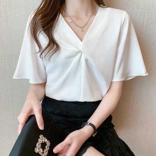 Summer The New Womens Tops and BlousesShort sleeve Blouse Button Solid V Collar Ladies Tops Women Shirts