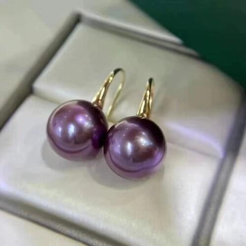 HENGSHENG 2021 TOP 18k Gold Grade Purple 10-11mm Round Natural Ocean Pearls Earrings For Women jewelry