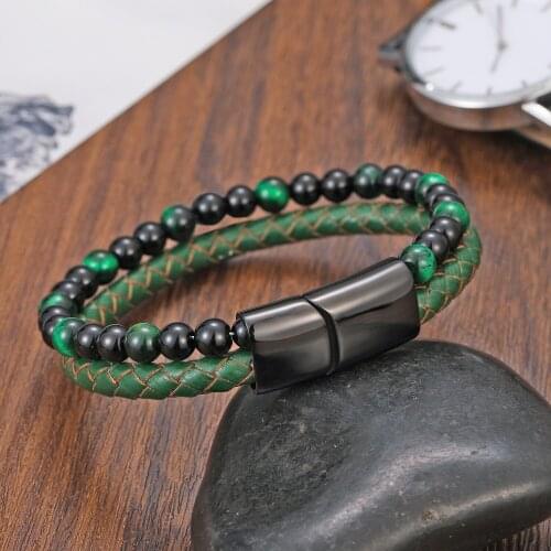 Classic Mens Bracelet Rope Stainless Steel Magnetic Natural Stone Leather Beaded Bracelet Volcanic Stone Bracelet Bracelet Gift