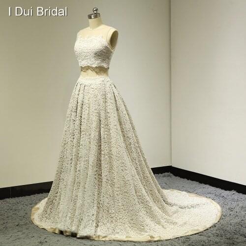 Two Piece Lace Wedding Dresses Illusion Neckline Champagne Lining Real Photo New Factory Custom Made ELS-019