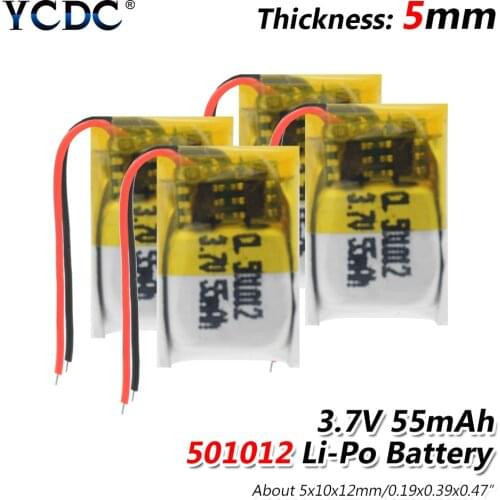 Hot 1/2/4PCS 501012 55mah Lipo cell 3.7V Lithium Polymer Rechargeable Battery For MP3 MP4 GPS Bluetooth-compatible headset Toy