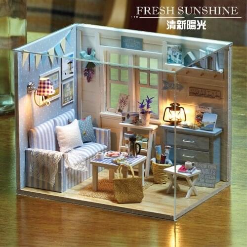 New Arrival DIY The Fresh Sunshine Dollhouse Miniature Furniture Assembly Wooden Handmade Crafts Forest Home Building Kids Gift