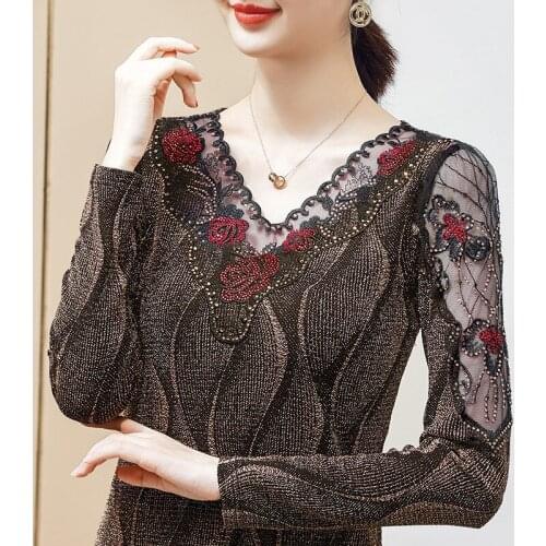 Fashion V-neck Embroidered Womens T-Shirt New 2021 Autumn Winter Patchwork Mesh Tops M-4XL Plus Size Middle-aged Clothing