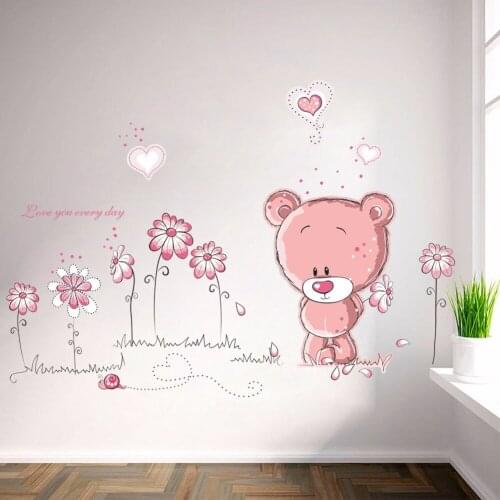 Cartoon Cute Pink Lanimal Bear Flower Baby Children Kids Bedroom Room Decor Wall Stickers Kids Nursery Decal Sticker Girl Gift