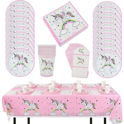 Unicorn Theme Party Disposable Tableware Cups Plates Tablecloth Boy Girl Baby Shower Birthday Party Decoration Supplies