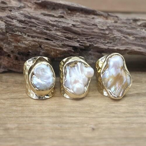 Irregular Natural Fresh Water Pearl Open Ring Raw Baroque Pearl Adjustable Golden Ring Fashion Men Women Jewelry Gifts,QC4077