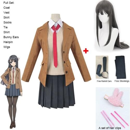 Anime Sakurajima Mai Cosplay Costume Rascal Does Not Dream of Bunny Girl Senpai Mai Cosplay Wig and Bunny Ears Headwear