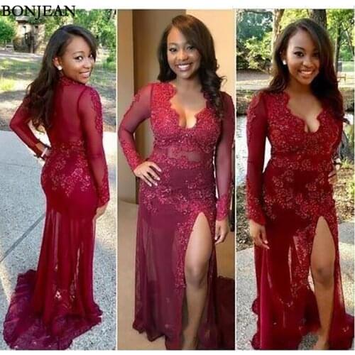 Maroon Prom Dresses 2018 Formal Evening Party Pageant Gowns Beads Mermaid African Black Girl Split Long Sleeve V Neck