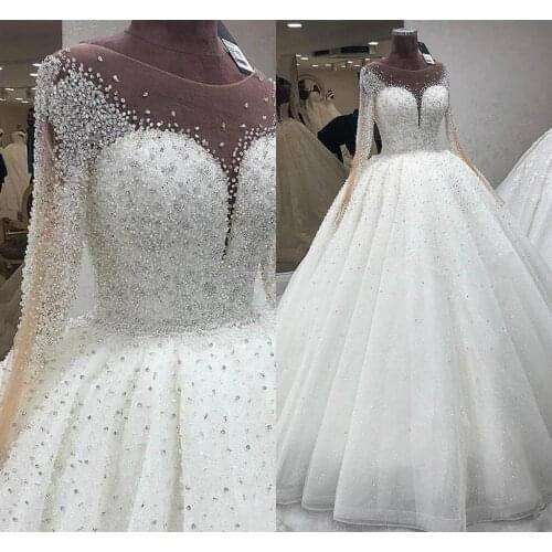Luxury Beads Crystal Ball Gown Wedding Dresses Long Sleeves Scoop Sheer Neck Custom Made Bridal Gown vestido de mariage