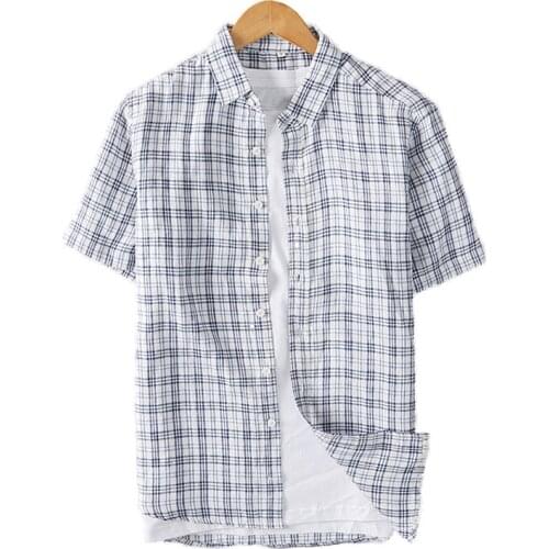 Plaid Short Sleeve Shirt for Men Summer Turn-down Collar Casual Tops 95% Linen Japanese Fashion Male Clothing